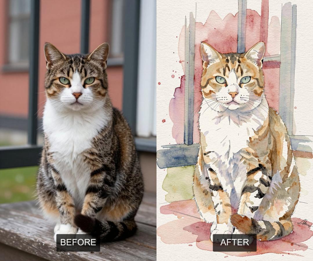 convert a cat photo to watercolor painting