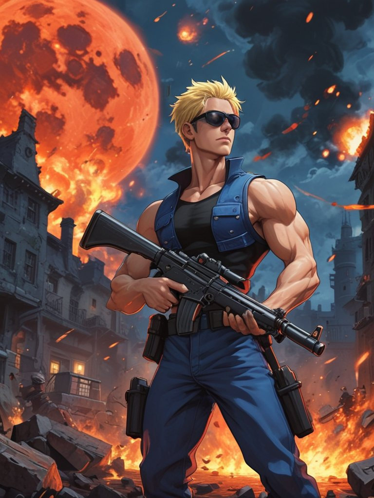 A highly detailed, solo male with blonde hair, wearing sunglasses, ultramarine armor, and firing a heavy gun, stands amidst embers and a blood moon on a battlefield.