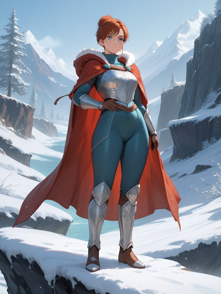 A determined fantasy warrior stands on a snowy cliff, adorned in intricate silver armor and a red cloak, with short white pixie hair and a tiara, against a backdrop of icy lakes and wooded areas under diffused lighting.