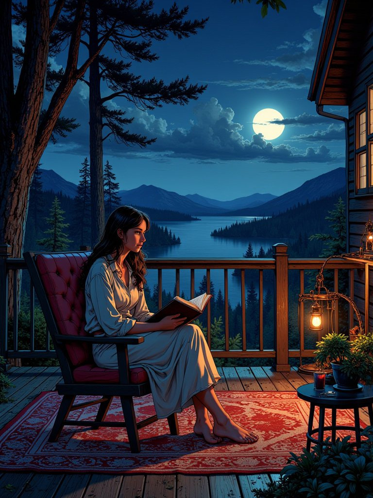 A quiet evening routine of reading under the moonlight on a cozy deck.