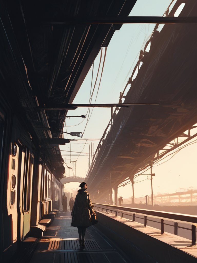 The train, serving as a time machine, crosses a bridge and disappears into a portal midway.