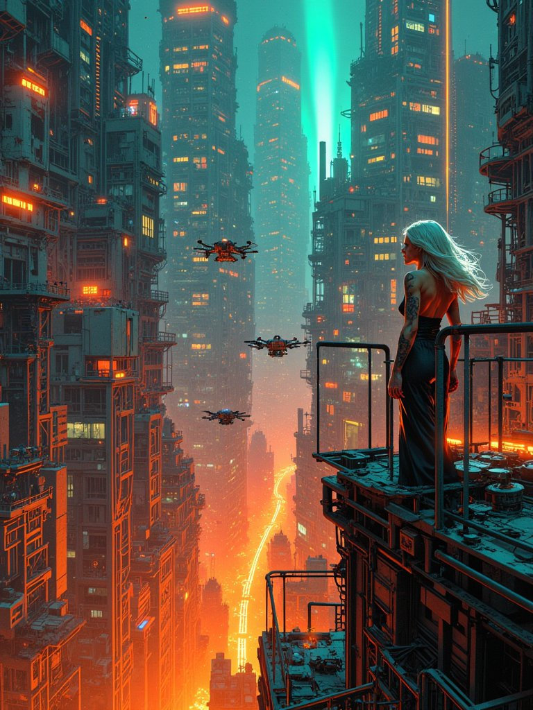 A woman with glowing tattoos stands on a transparent balcony in a futuristic metropolis that floats above a toxic, orange sea, with shifting liquid metal skyscrapers and pulsating flying drones.