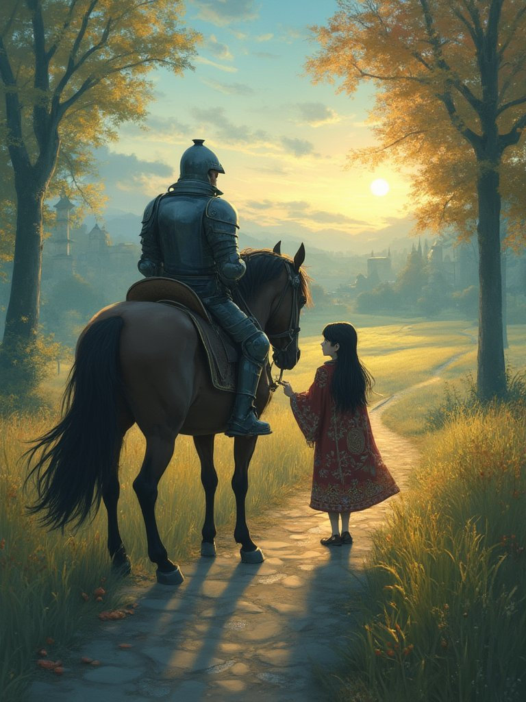 A knight and a girl share a tender moment at dawn on the outskirts of a medieval city, with a winding path leading into an autumn forest.