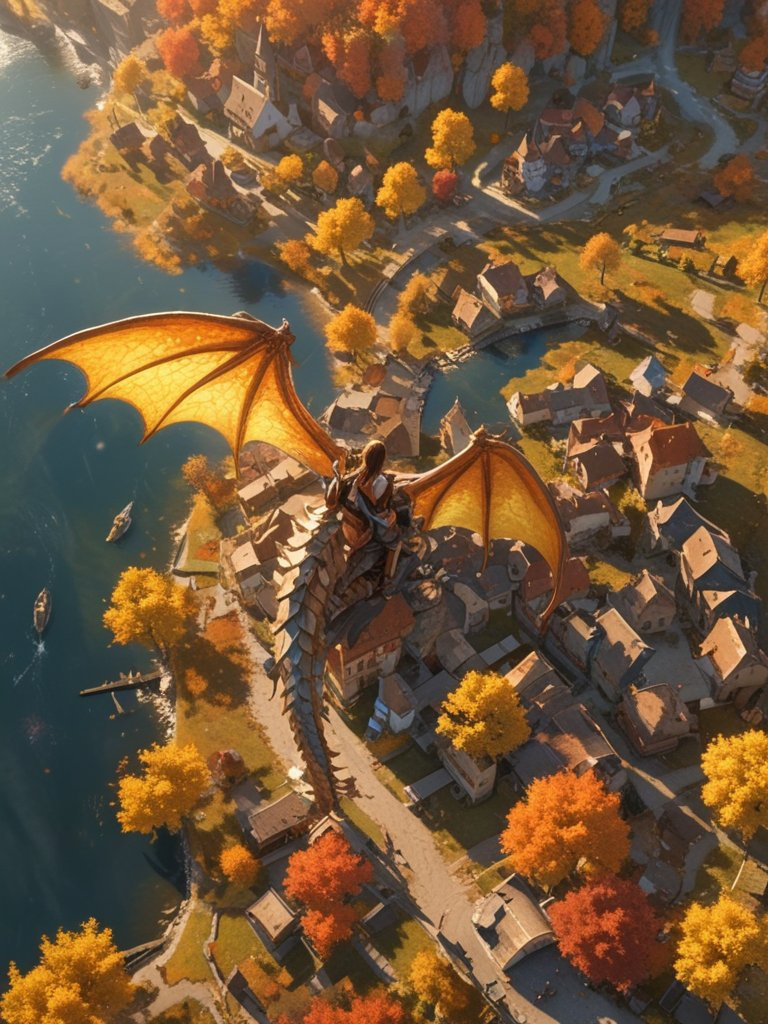 A girl rides a dragon over an autumn forest, with a small village visible below, captured in stunning detail.