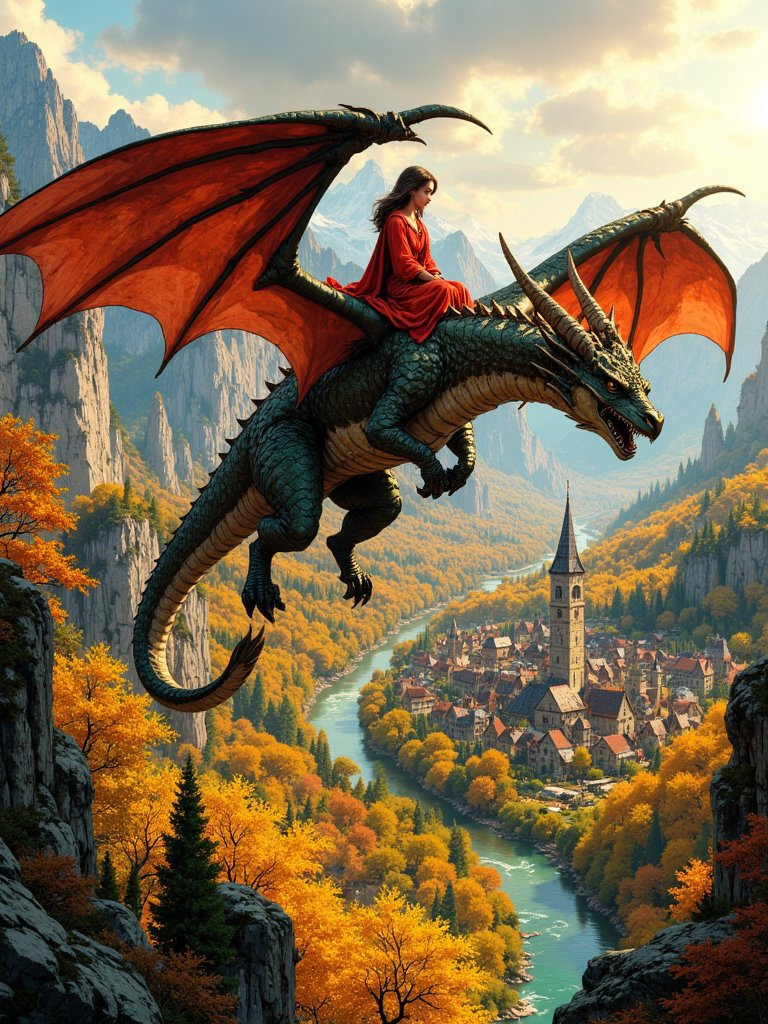 A girl soars on a dragon's back, revealing a breathtaking autumn landscape from above.