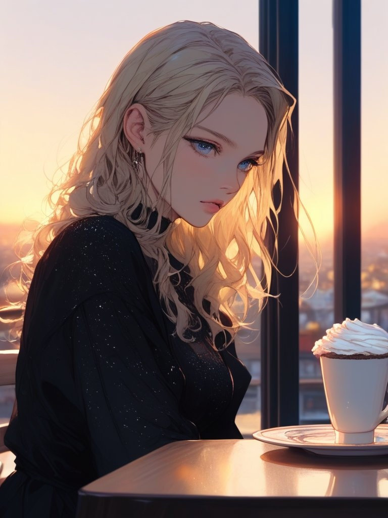 A thoughtful woman in a glittering black dress sits at a city cafe table, sipping coffee and enjoying a cake as the sun sets outside.