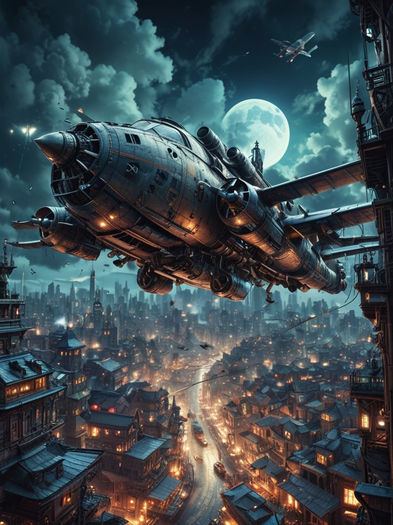 An intricate, high-contrast steampunk aircraft soars over a futuristic cityscape under the night sky.