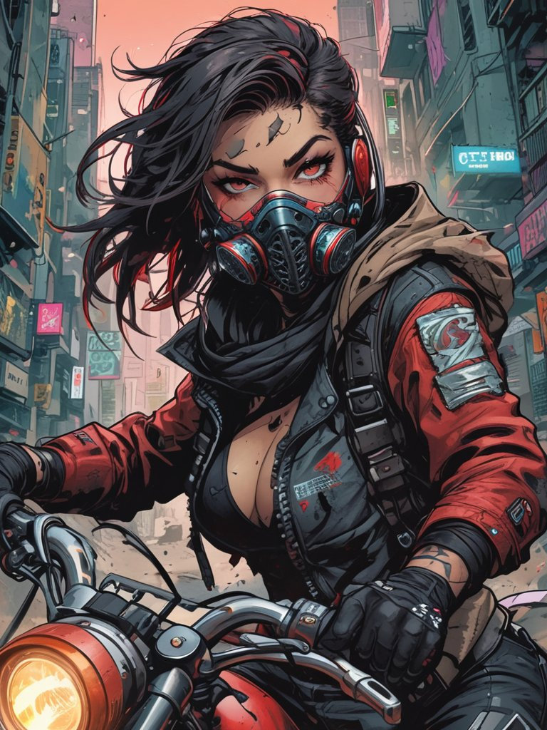 A female assassin, clad in intricate cyberpunk streetwear and a respirator, speeds through the city on a dirt bike, her striking portrait capturing the essence of a futuristic, rebellious spirit.