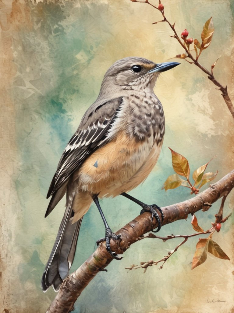 An intricate, elegant digital painting of a mockingbird, rendered in a matte finish.