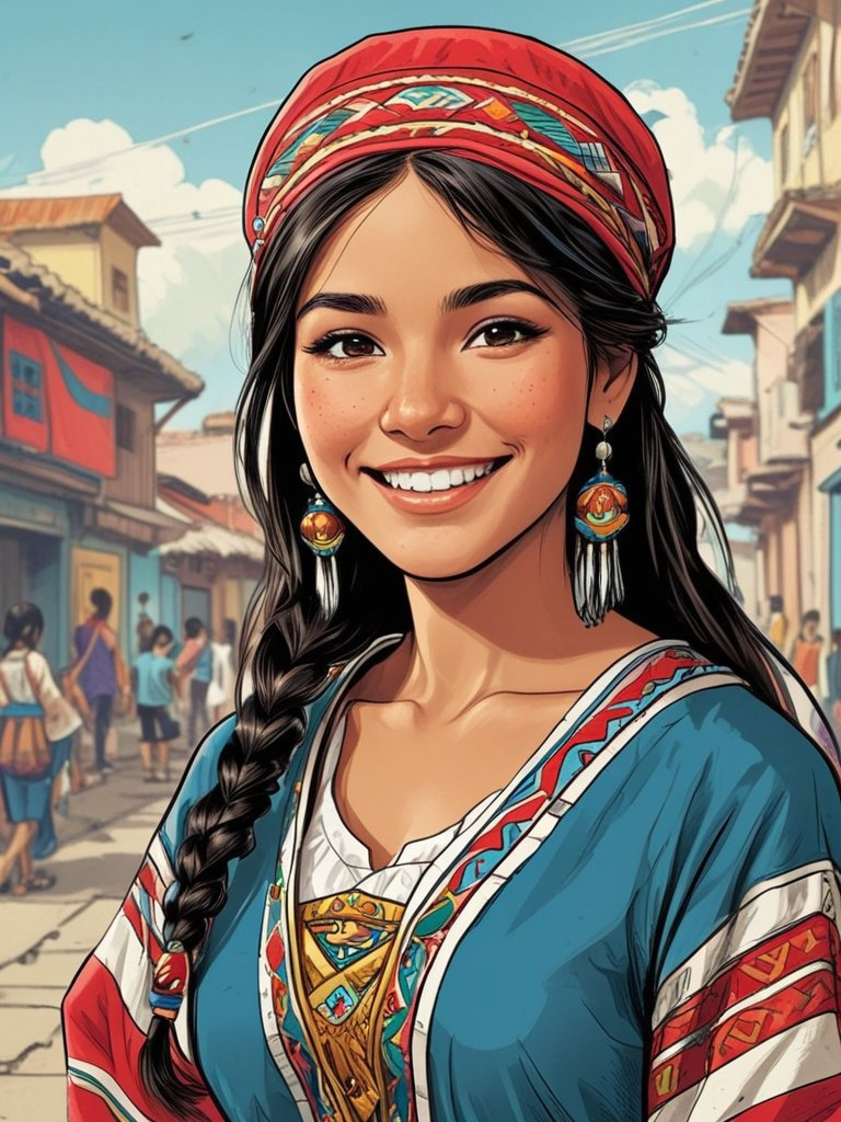 A vibrant portrait of a cheerful young woman adorned in traditional Peruvian attire.