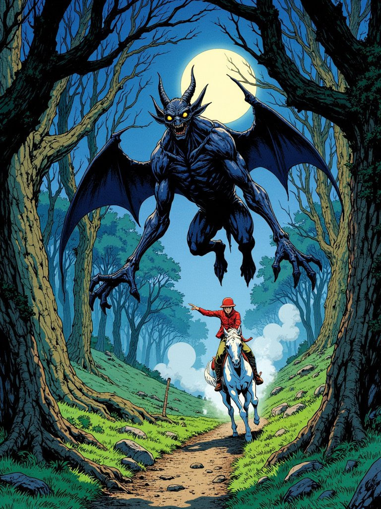 A magical chase unfolds in a dark, foggy forest as a mysterious rider on a white horse evades a menacing gargoyle.