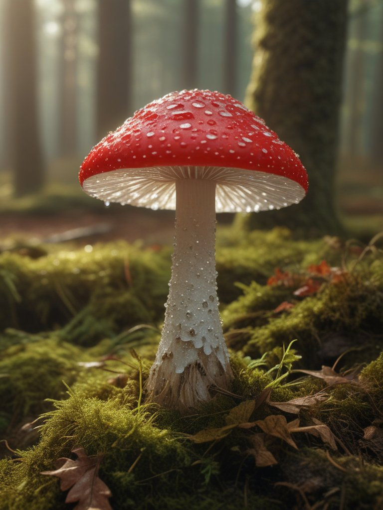 A vivid, crisp Swarovski crystal agaric with a red, polka-dotted cap glows amidst moss in an autumn forest, as sunlight casts a rainbow through its crystalline structure.