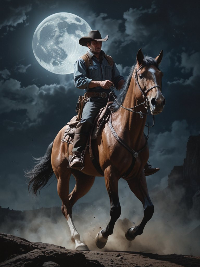 A cowboy's ascent during a moonlit night.