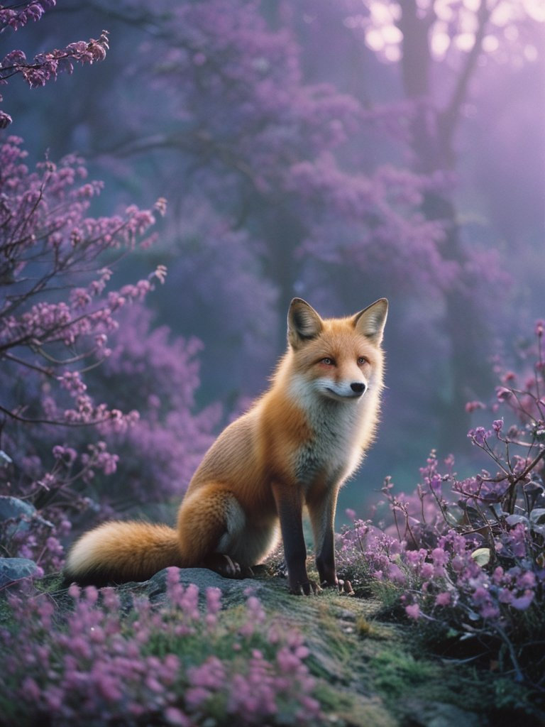 A mystical fox in a vintage, dreamlike landscape prepares for a quest amidst psychedelic hues and nostalgic symbols.