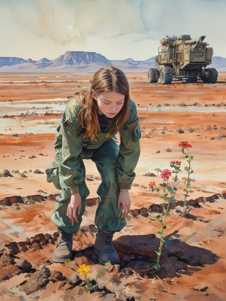 In a transformed Martian landscape, a woman in a utilitarian jumpsuit gazes at a single, vibrant flower emerging from the soil.
