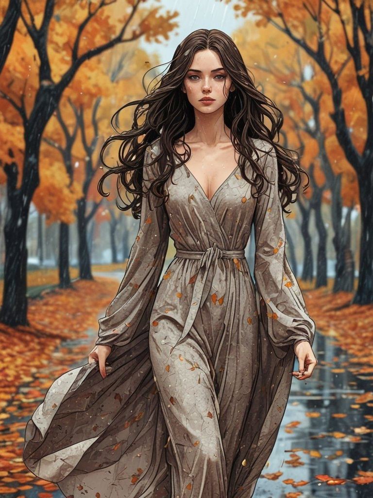 A graceful figure in a flowing dress strolls through a serene, autumnal alley, leaves falling and rain sprinkling in a grainy, dark marble backdrop.