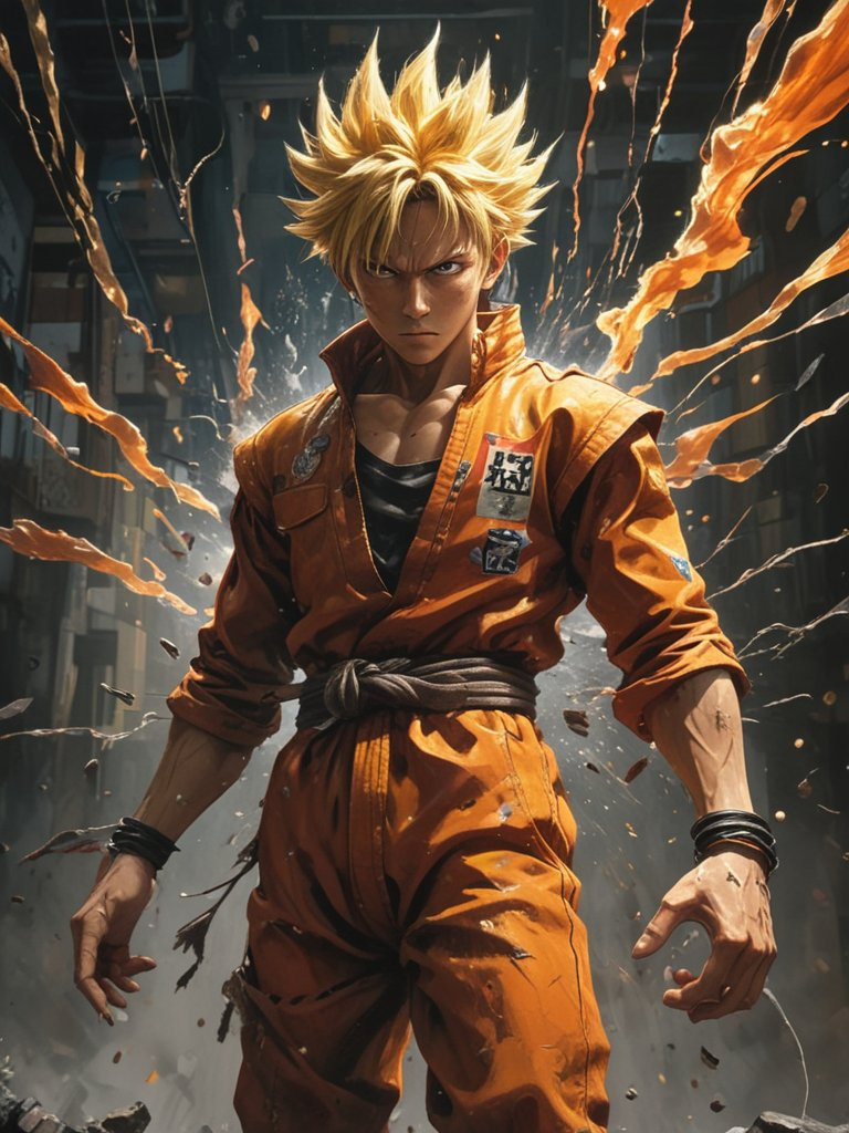 Akira's Tetsuo, with an orange spike aura, floats amidst damaged Japanese clothes and floating pieces, depicted by Tsuyoshi Nagano.