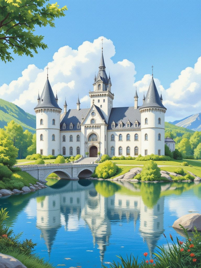 A luxurious, cinematic sci-fi castle with white walls sits majestically in the middle of a lake, surrounded by lush greenery on a sunny day.