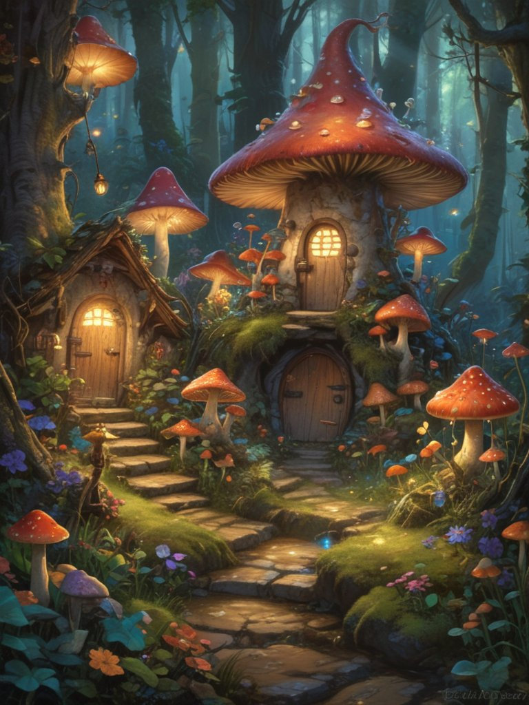 A whimsical mushroom village, illuminated by fireflies and magical fungi, showcases gnomes and forest spirits in a cozy, vibrant, and detailed Studio Ghibli and Brian Froud-inspired atmosphere.