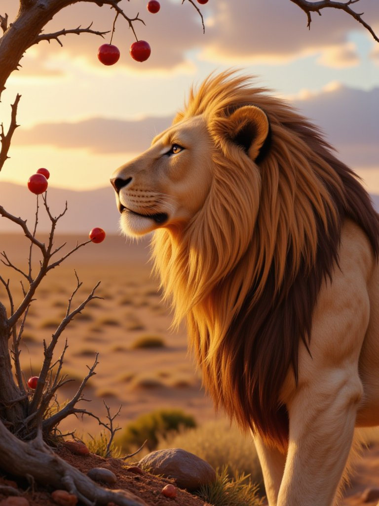 A proud lion gazes at an unreachable berry at sunset, highlighting struggle and desire in a harsh desert landscape.