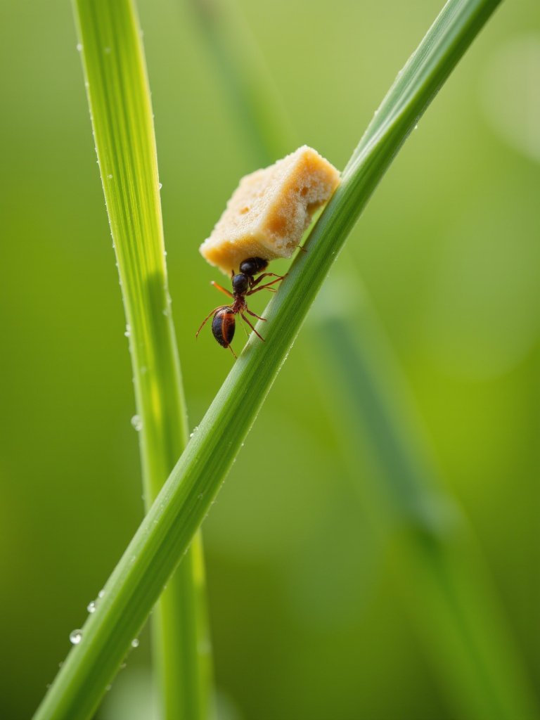 The minuscule ant's meticulous ascent of a towering, dew-laden grass blade highlights resilience amidst nature's grandeur.