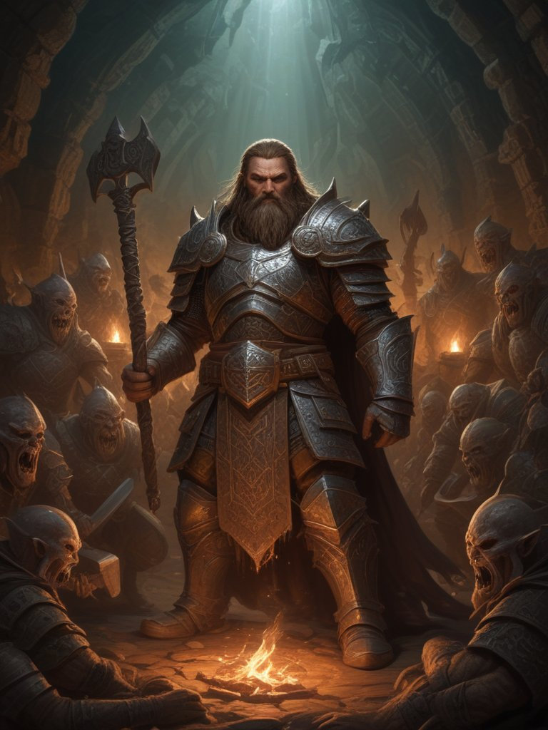 A stoic dwarven paladin faces a horde of goblins in a cavern, illuminated by her magical runic hammer.