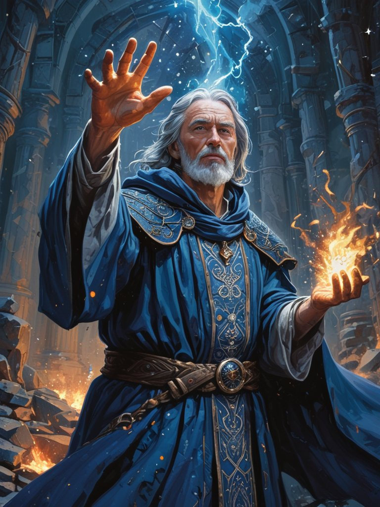 A stoic, constellated-robed wizard ignites an ancient ruin with arcane sparks.
