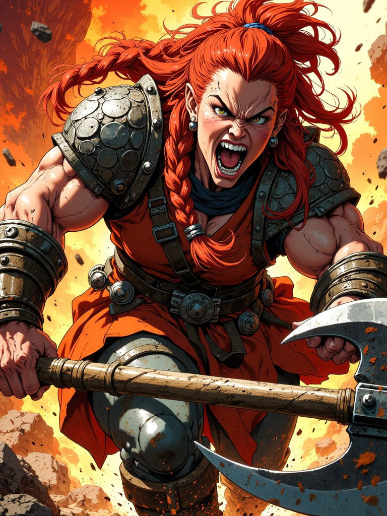 A fierce dwarf barbarian, Grizelda, charges into battle, wielding a mud-stained greataxe, her braided red hair flowing.
