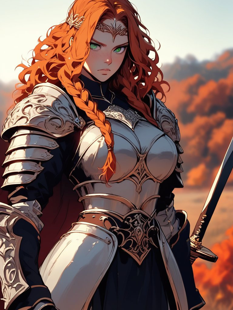 A fantasy scene featuring a stunning redhead in silver armor standing on a hill, surrounded by autumn highlands.