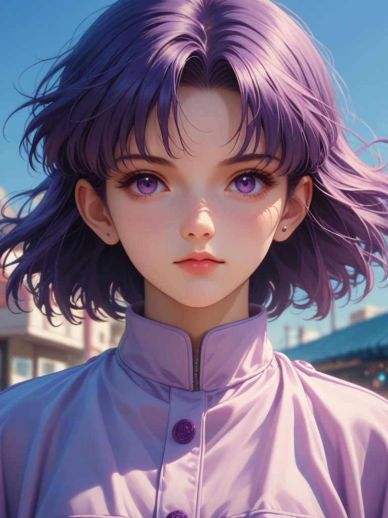 A captivating woman with violet hair in a pastel raincoat stands at a vibrant, nighttime crosswalk in this nostalgic 90s anime illustration.