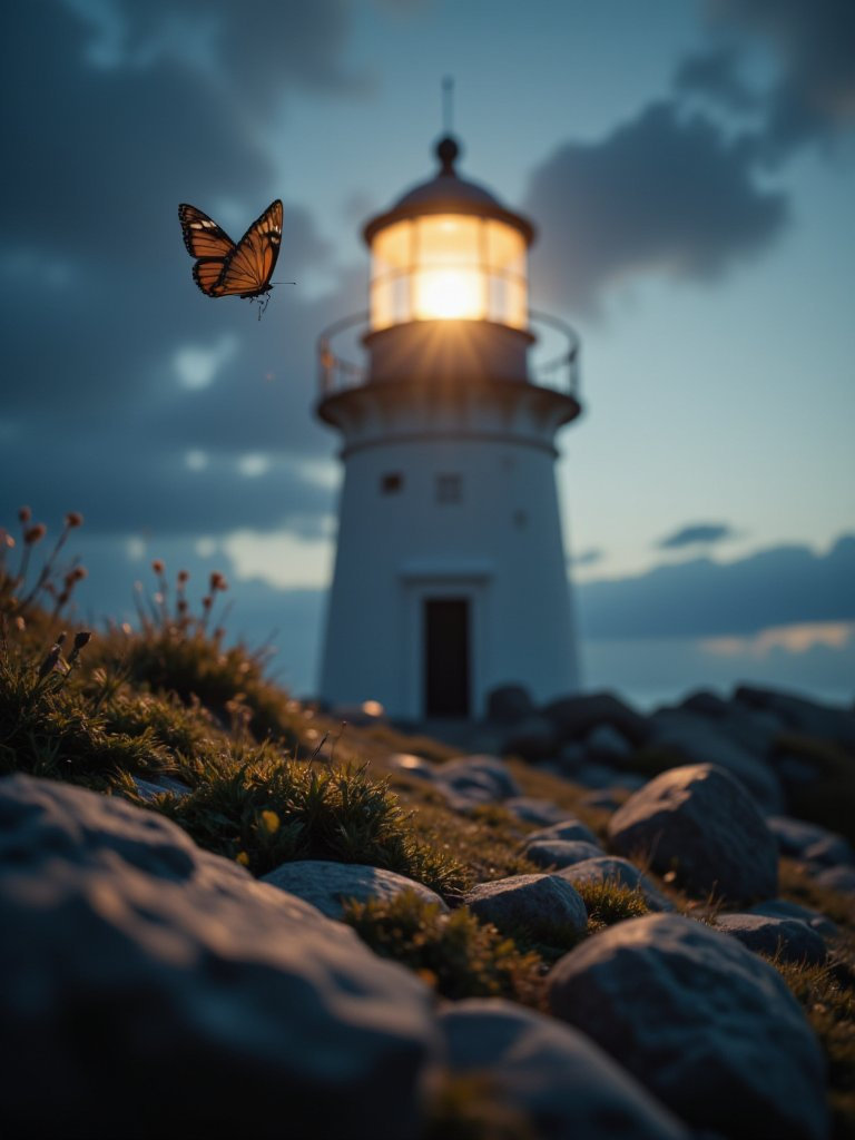 A delicate butterfly dances near a lighthouse's glow, creating an ethereal, nature-inspired masterpiece.