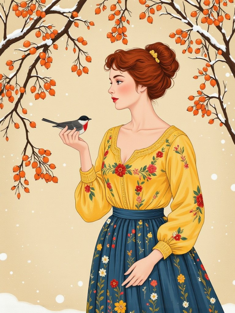 A whimsical illustration of a young woman with curly auburn hair, dressed in an ornate, floral blouse and skirt, holding a small bird, set against a wintery, snowy background with rowan berries, reminiscent of Klimt's magic.