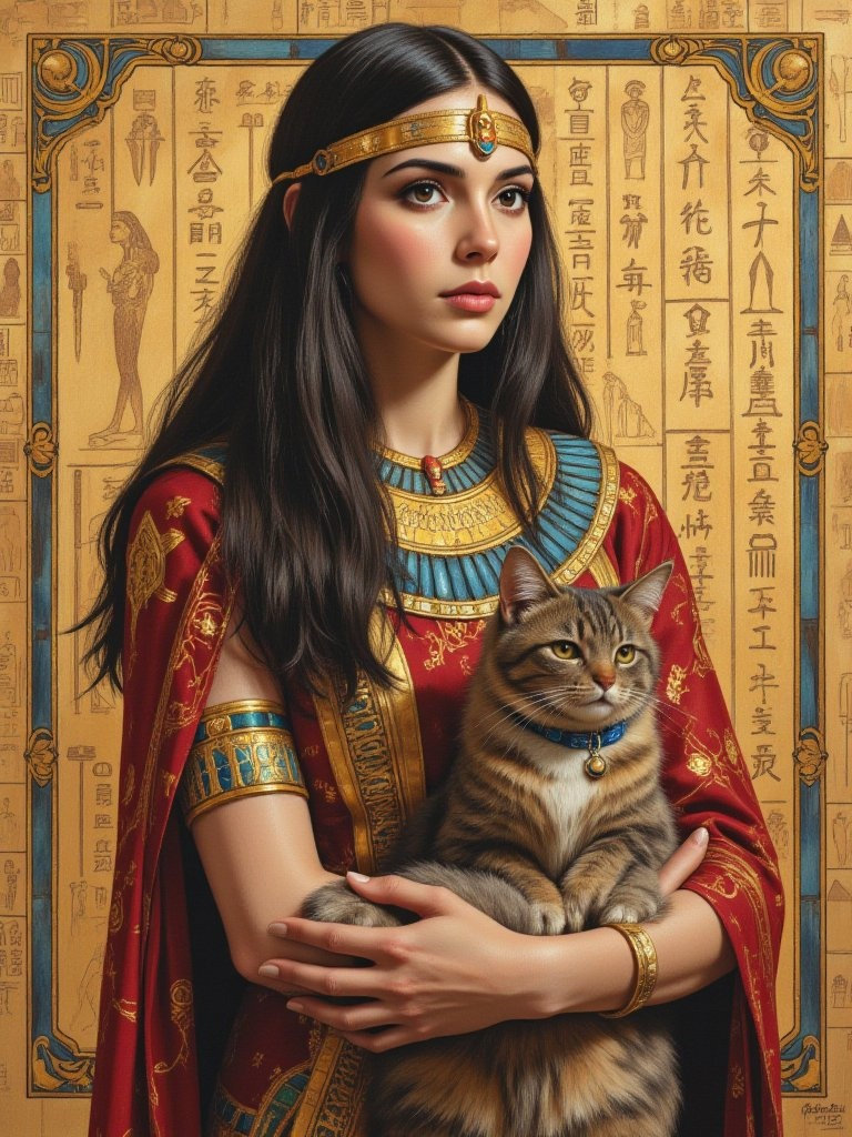 A mesmerizing, dark fantasy oil painting portrays an Egyptian woman and her feline companion amidst intricate hieroglyphs, highlighted with golds and deep tones.