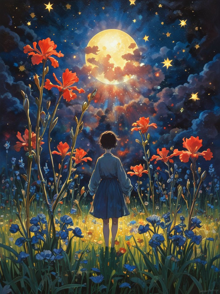 A visually striking journey through a mystical night landscape filled with irises, neon flowers, and intricate light patterns.