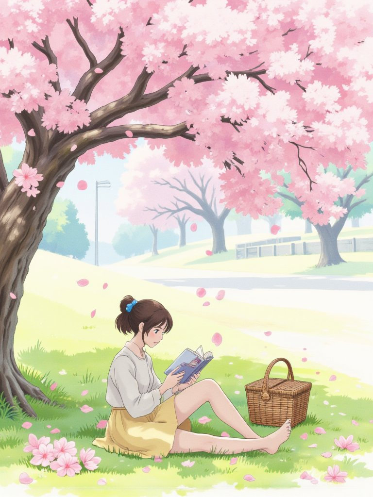 A young woman finds solace and tranquility under a blooming cherry blossom tree, immersed in a book.