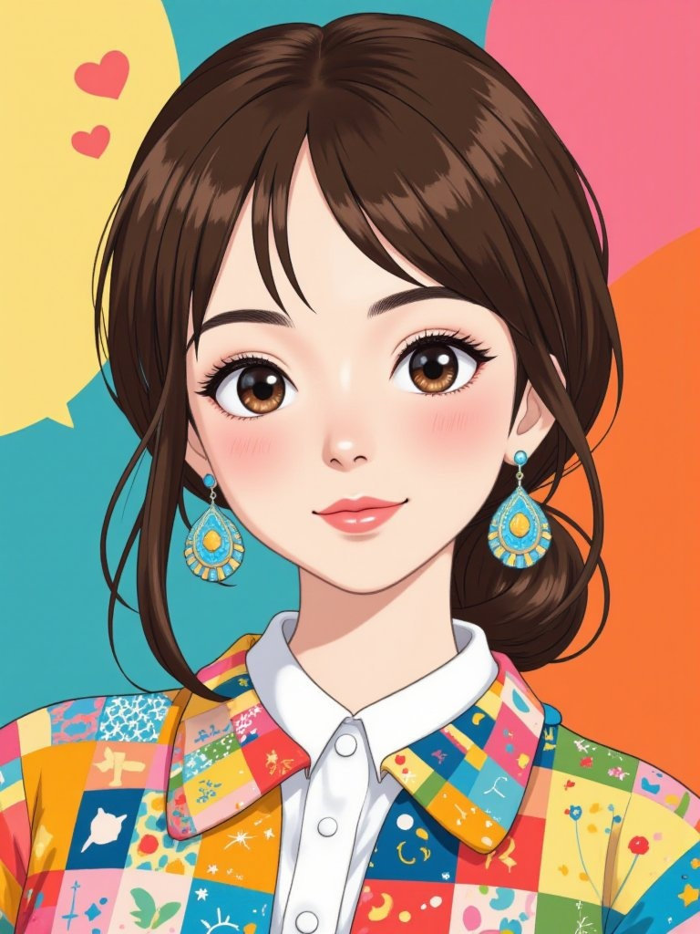 A charming anime girl with big earrings and a colorful patchwork blouse.