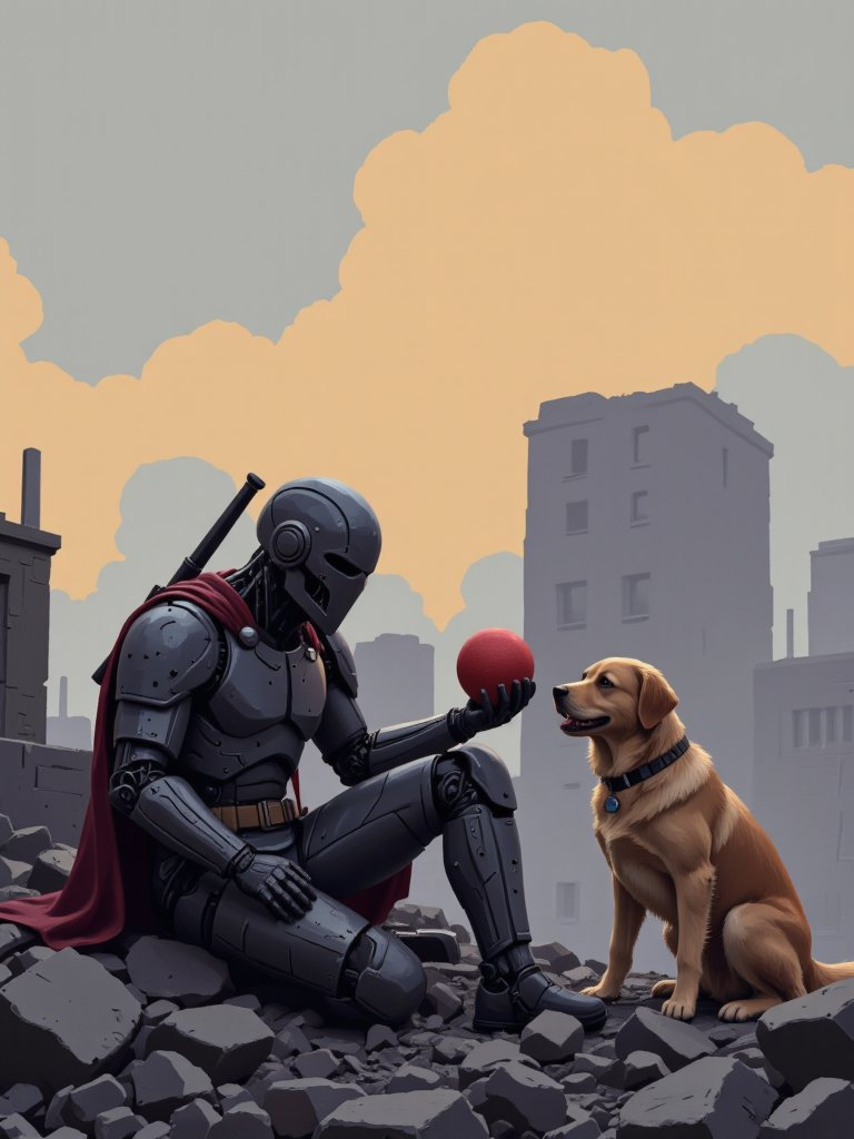 A joyous moment of play unfolds amidst a post-apocalyptic landscape.