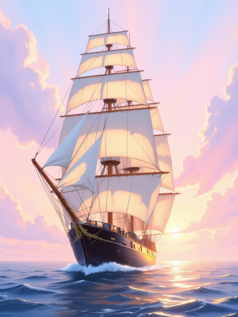 A majestic sailing ship with billowing white sails is bathed in the warm, soft light of a setting sun, set against a sky painted in pastel hues of pink, purple, and orange.