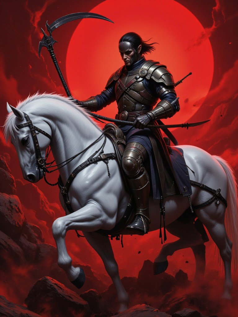 A cyberpunk fantasy hero wielding a halberd, riding a white horse, amidst intricate mechanics and dramatic lighting, captured in a hyper-detailed, cinematic masterpiece with precise anatomy and textured skin.