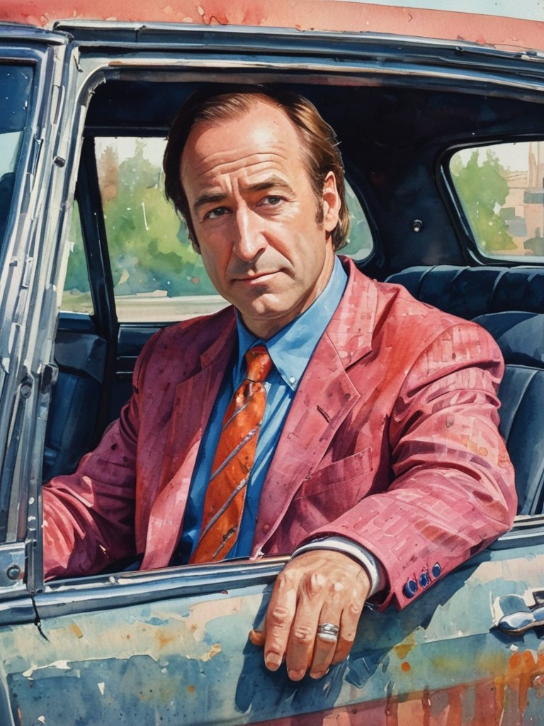 A detailed digital painting of a character from a popular TV series, standing in front of a car.