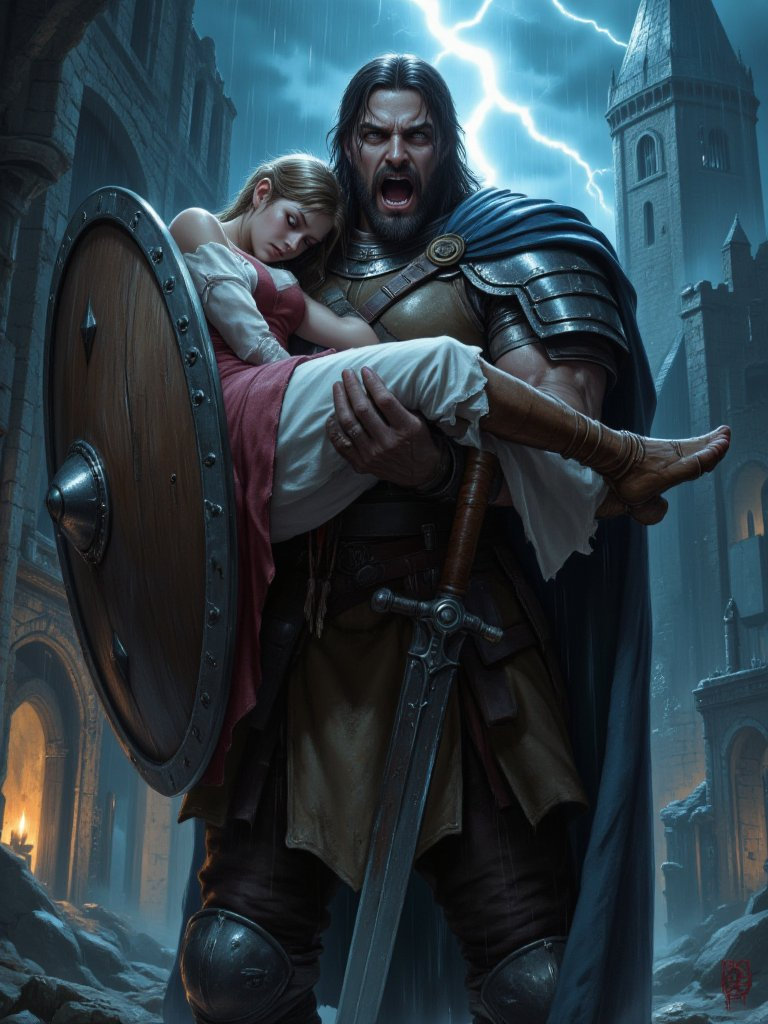 In a stormy night, a man battles with a large shield to protect an unconscious small elf girl in the ruins of a castle.