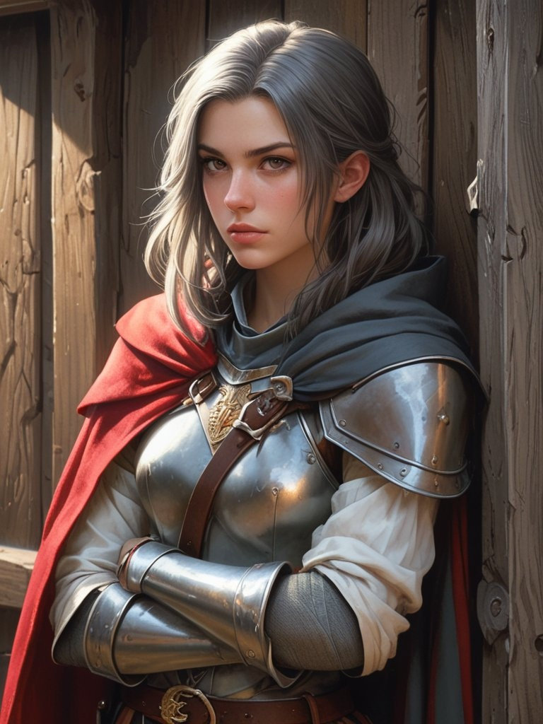 A tomboyish medieval warrior with gold-trimmed armor, gray slit pupils, and a halberd, leans against a barn door, gazing away in the sunlight.