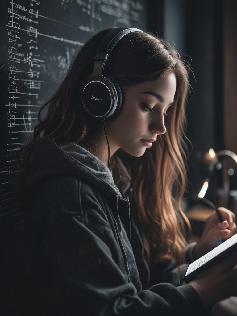 Intriguing, minimalistic art featuring white ink on black paper, showcasing a pair of headphones with a focus on simplified, stylized design.