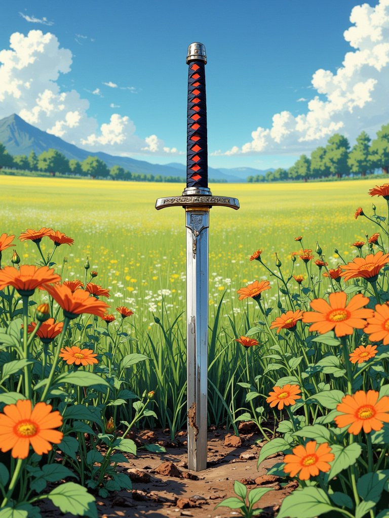 A rusted katana lies forgotten amidst a vibrant flower field.
