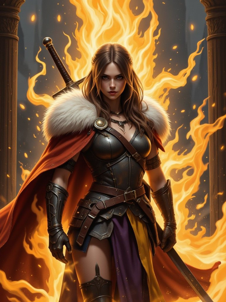 A detailed digital illustration depicts a slender Viking girl in armor, sporting a fur cloak and a sword on her back, with brown hair.