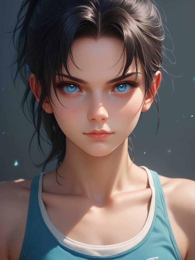A young woman with black hair and blue eyes in a piece-y pixie cut with a side part, slightly smiling in a bright tank top.