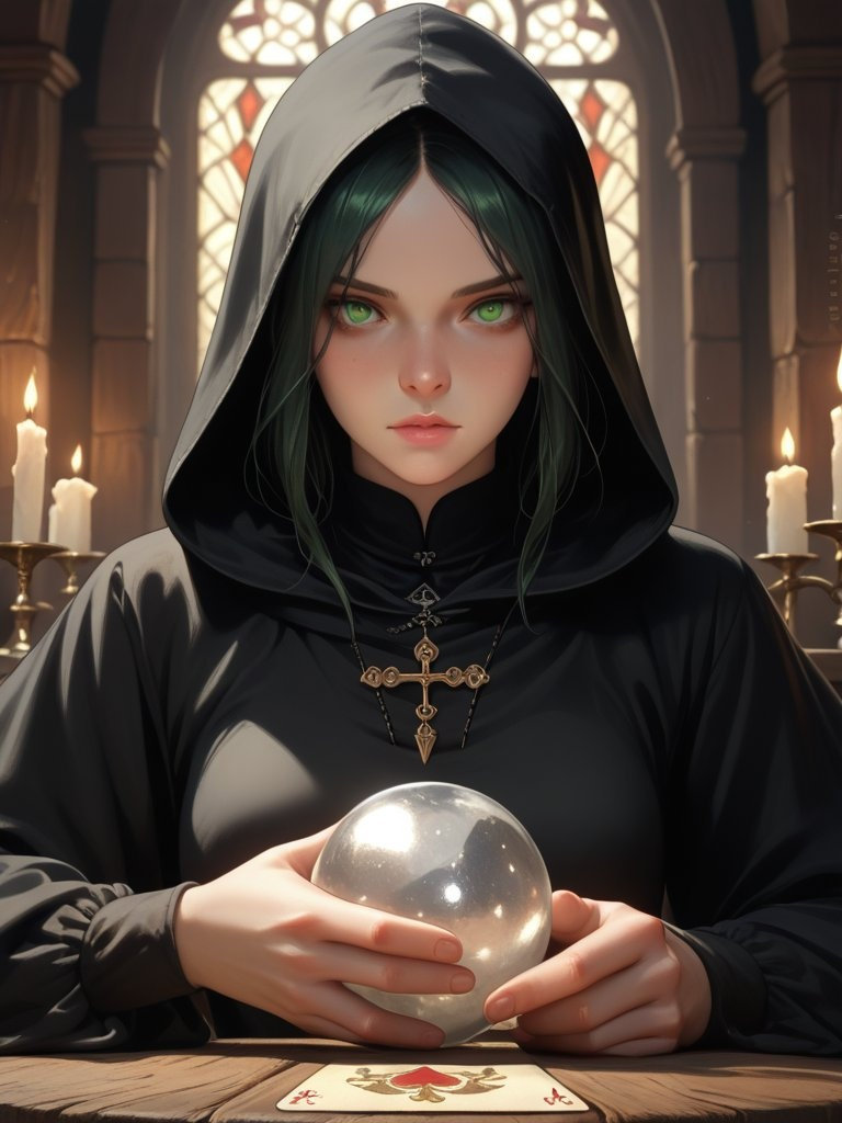 A medieval fortuneteller with green eyes, black hair under a hood, holds a crystal ball in a dimly lit, empty room.