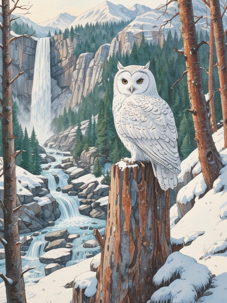 A white owl perches on a snow-covered tree trunk, overlooking vast, snowy mountains, a forest, and a stream at dawn.