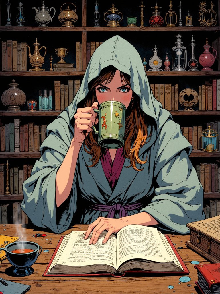 A wizened female sorcerer studies an ancient tome in her cluttered study, surrounded by mystical artifacts.