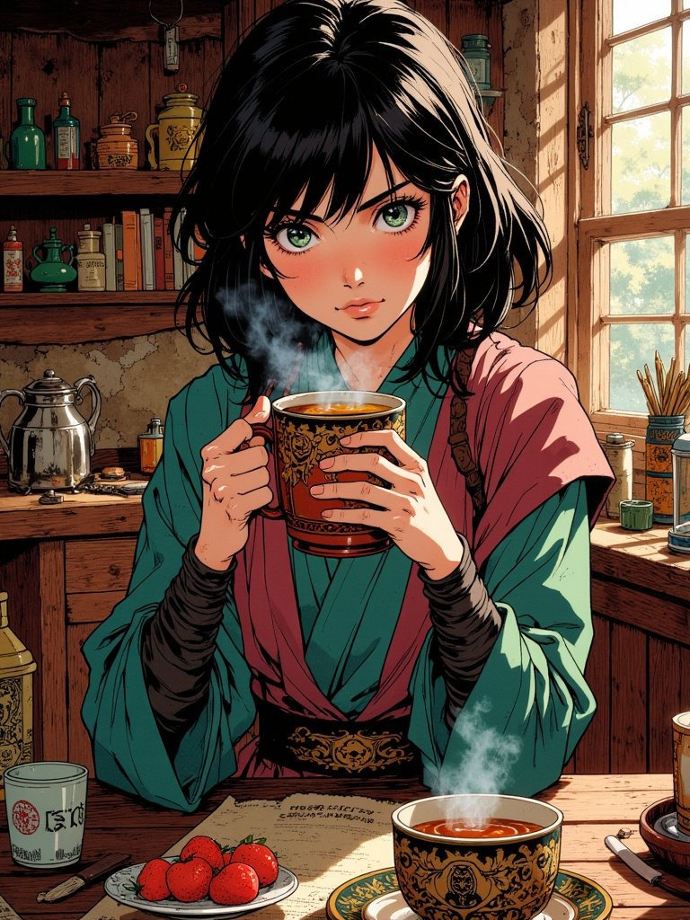 A tomboyish female monk enjoys a steaming mug of tea in a cozy setting.